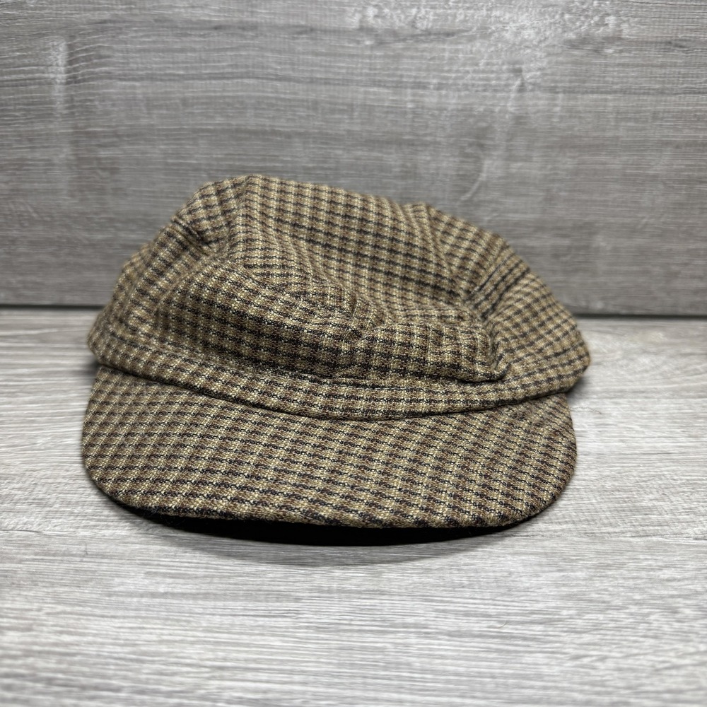 Vintage Dobbs Newsboy Cap Hat Mens Small Brown Wool Tweed Peaked Check Lined USA